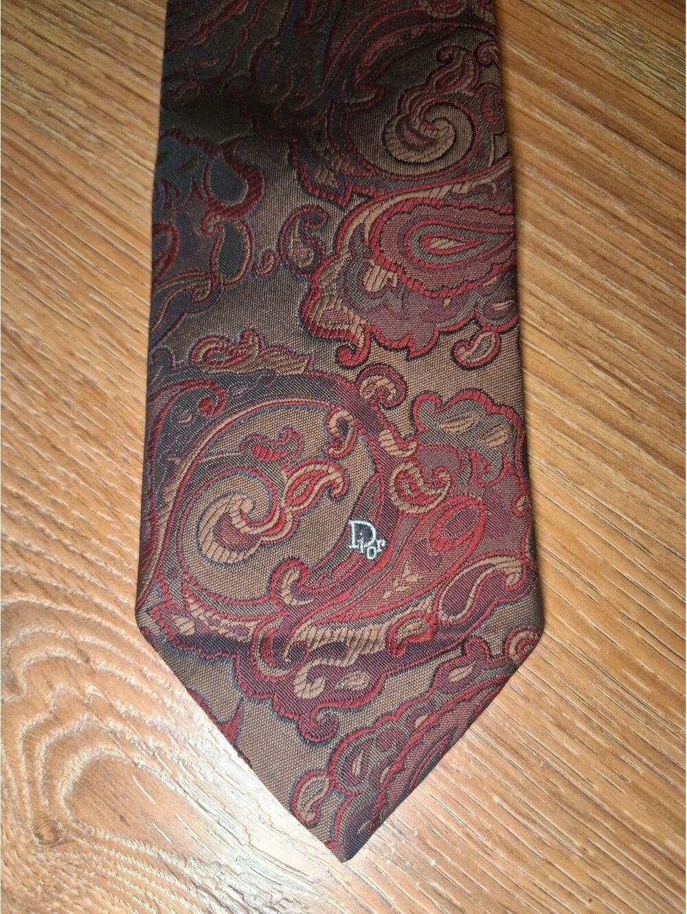 Christian DIOR Silk Tie Bronze Red Paisley Front Logo